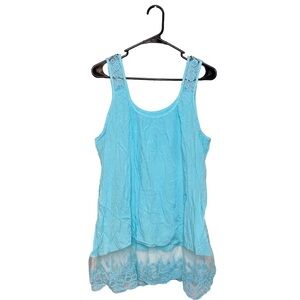 Flowy Light Blue Tank Top with Floral Lace Straps and Trim